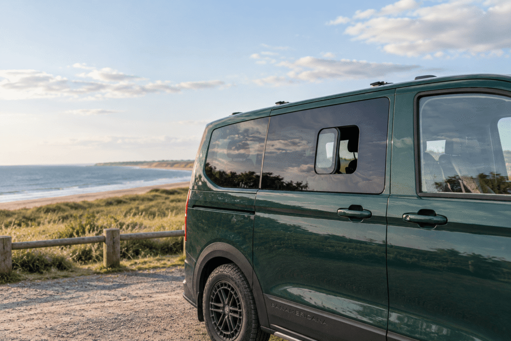 Sliding privacy glass installed in a Ford Transit Custom.