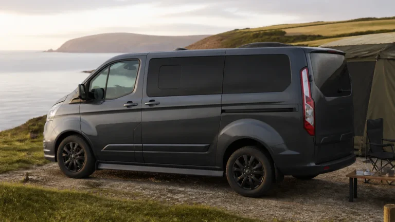 Ford Transit Custom-style camper conversion with privacy-glass windows at a coastal campsite