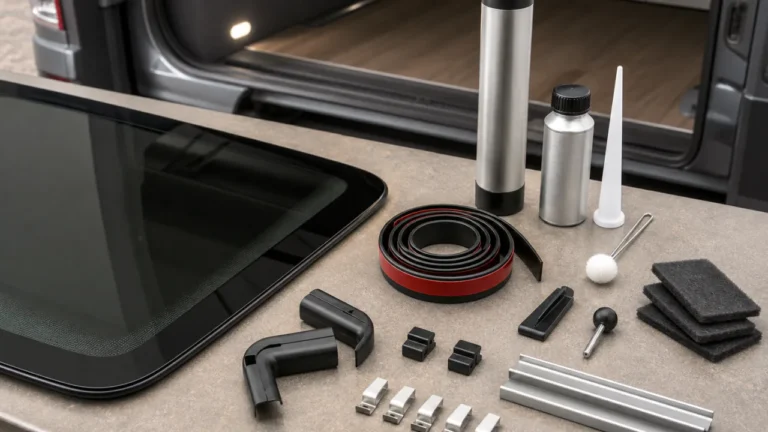 Van window fitting adhesive, primer and trim components